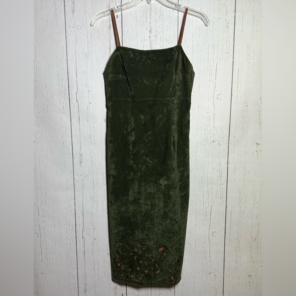 SCRUPOLI Made in Italy Velvet Leather Strappy Green Bodycon Dress Size 8